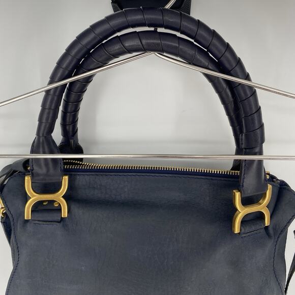 Chloe Marcie Graphite Suede Calfskin Satchel Medium Navy Blue Double Carry Bag - Picture 9 of 16